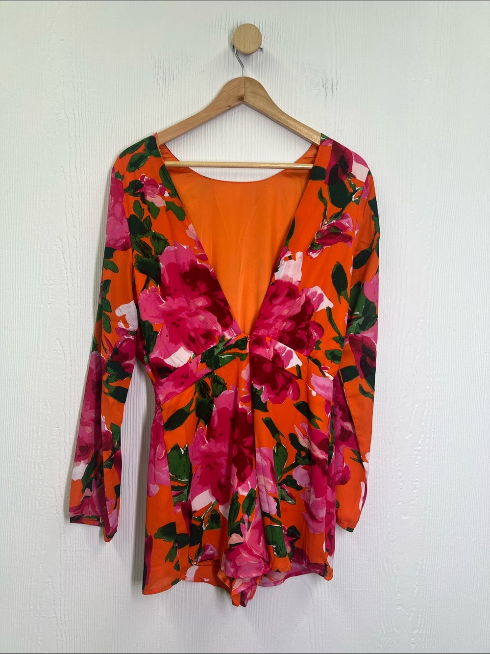 Lulus - Sweetest Song Orange Floral Backless Long Sleeve Romper Size Small - Picture 7 of 11